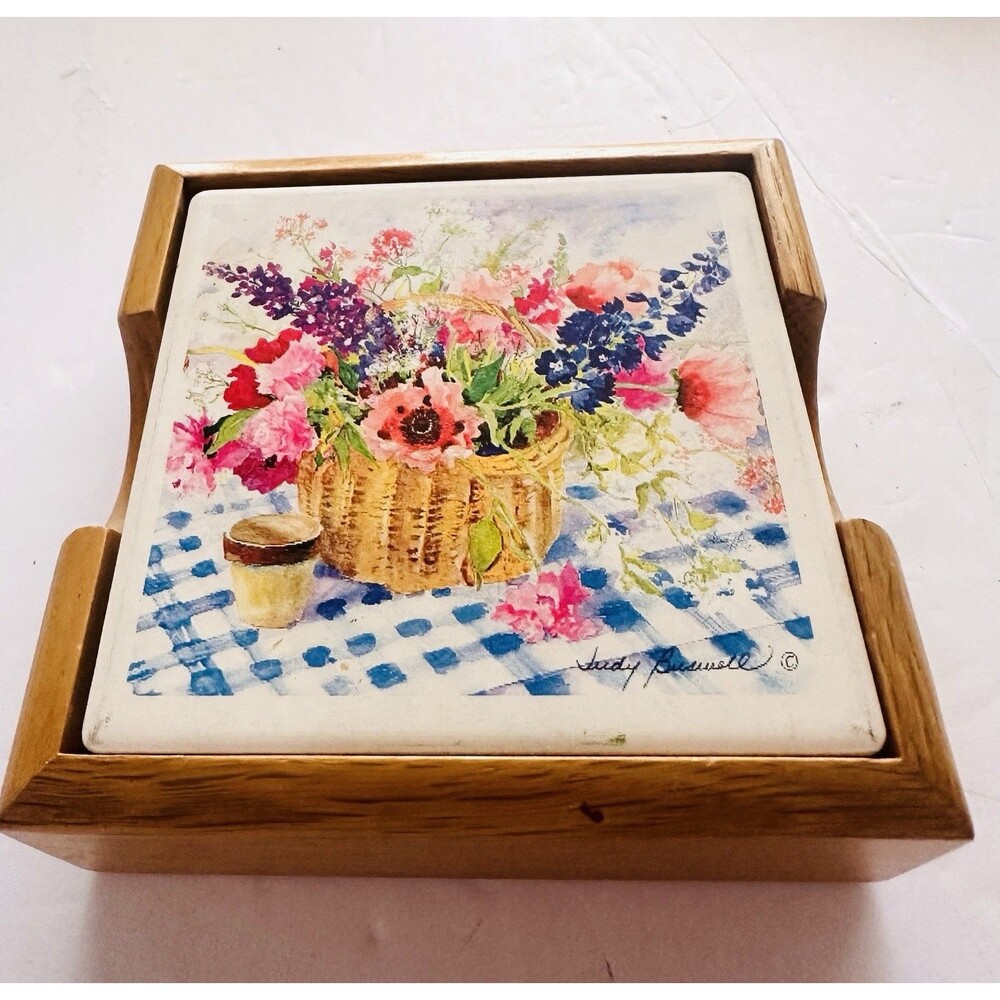 Vintage Judy Buswell Floral Tile Coasters Cottagecore Set of 4 Wood Holder